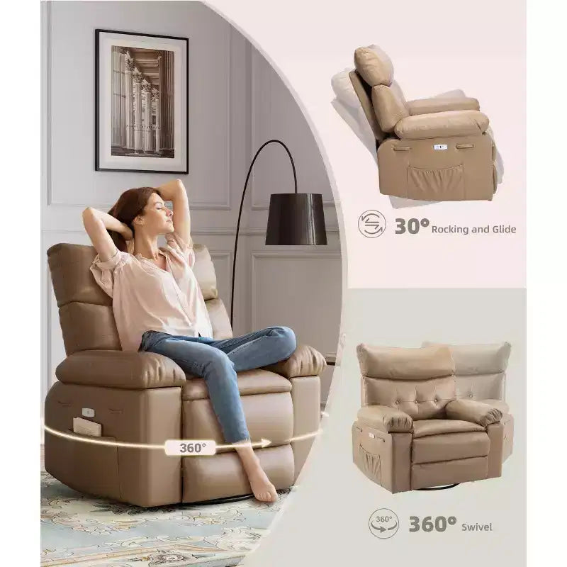 Fauteuil inclinable électrique pivotant à bascule avec massage, fauteuil de salon surdimensionné en cuir PU, fauteuil de canapé confortable, fauteuil inclinable électrique pour salon, chambre à coucher