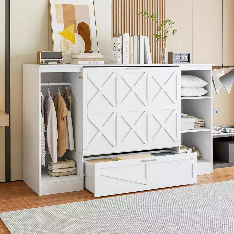 Lit escamotable double avec tiroirs et armoire, lit escamotable double compact avec tiroir, lit escamotable armoire, lit escamotable pliable blanc