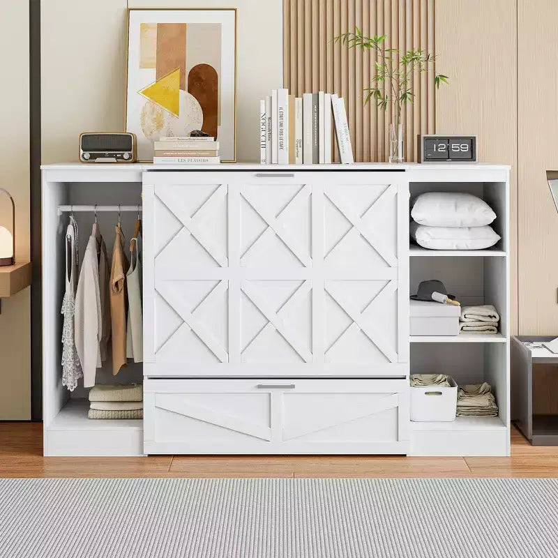 Lit escamotable double avec tiroirs et armoire, lit escamotable double compact avec tiroir, lit escamotable armoire, lit escamotable pliable blanc