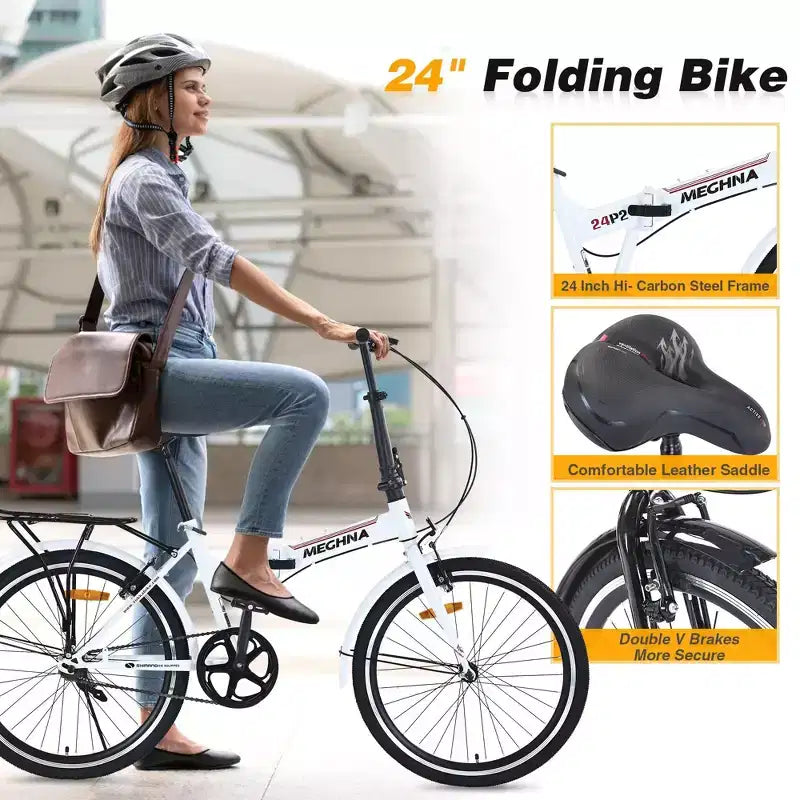 NAYSAYE Vélo pliant 24 pouces pour adultes avec garde-boue, cadre en acier, vitesse unique, vélo de ville, blanc clair, 63*22.83*45.6