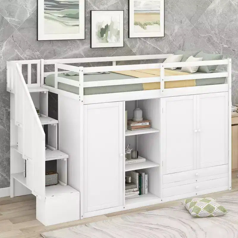 Lit mezzanine GDFStudio Duke avec 3 étagères, 2 armoires et 2 tiroirs, échelle avec rangement