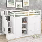 Lit mezzanine GDFStudio Duke avec 3 étagères, 2 armoires et 2 tiroirs, échelle avec rangement