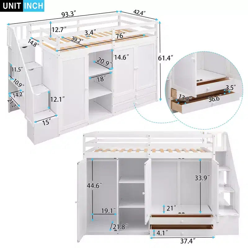 Lit mezzanine GDFStudio Duke avec 3 étagères, 2 armoires et 2 tiroirs, échelle avec rangement