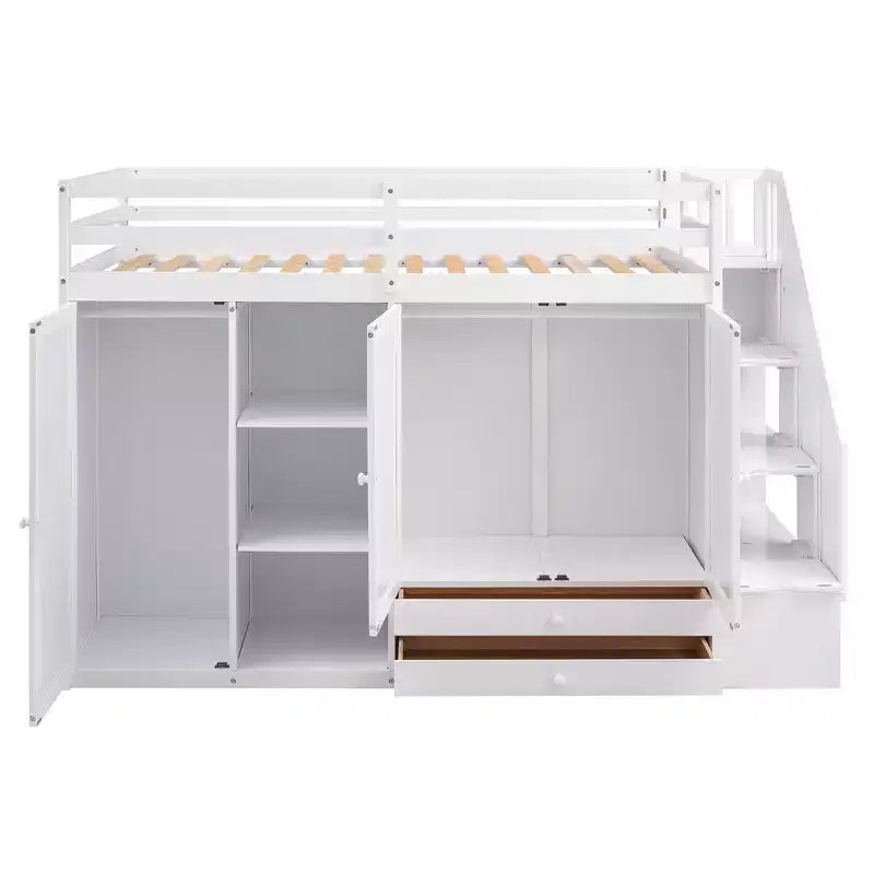 Lit mezzanine GDFStudio Duke avec 3 étagères, 2 armoires et 2 tiroirs, échelle avec rangement