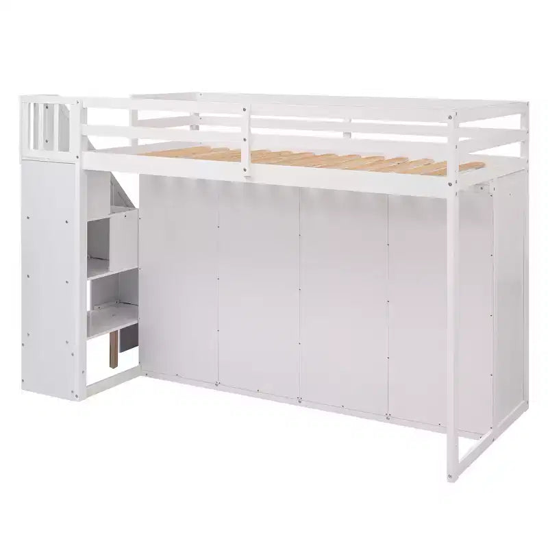 Lit mezzanine GDFStudio Duke avec 3 étagères, 2 armoires et 2 tiroirs, échelle avec rangement