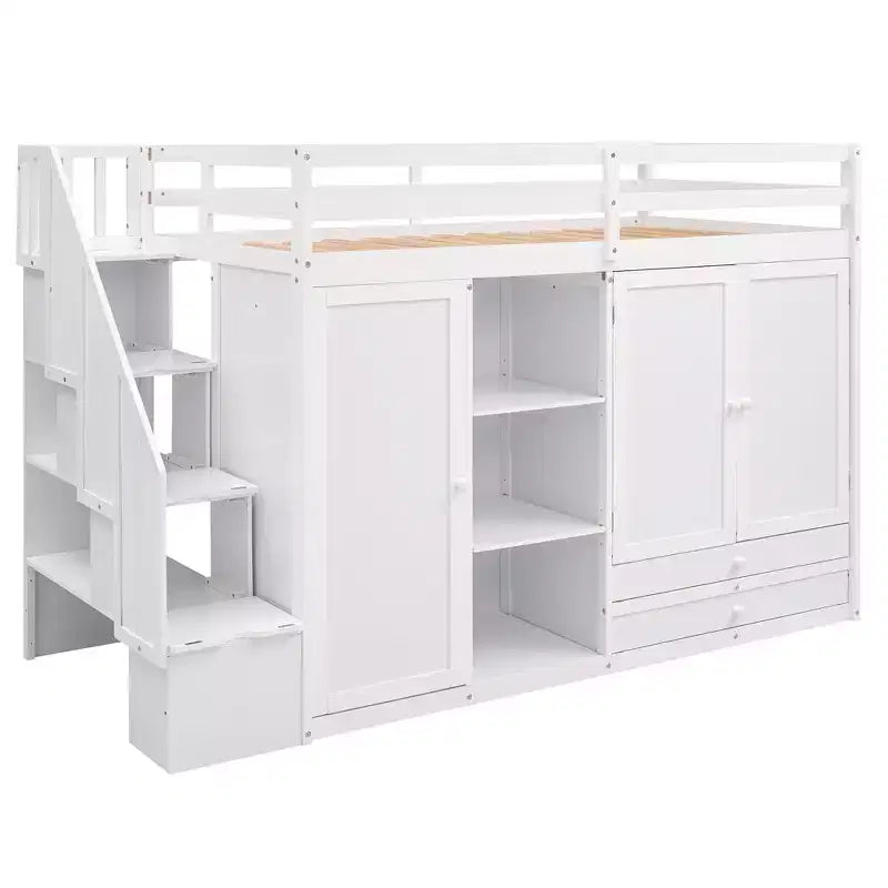 Lit mezzanine GDFStudio Duke avec 3 étagères, 2 armoires et 2 tiroirs, échelle avec rangement