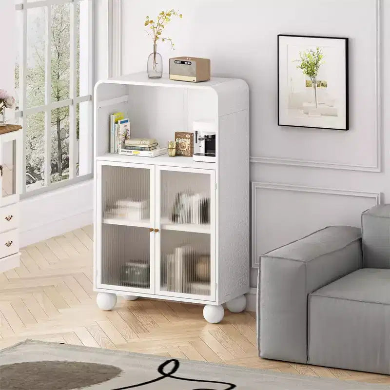 Meuble de salle de bain sur pied, Armoire de rangement de 115 cm de hauteur avec porte vitrée et étagères, Vitrine autoportante pour cuisine, salon, couloir.