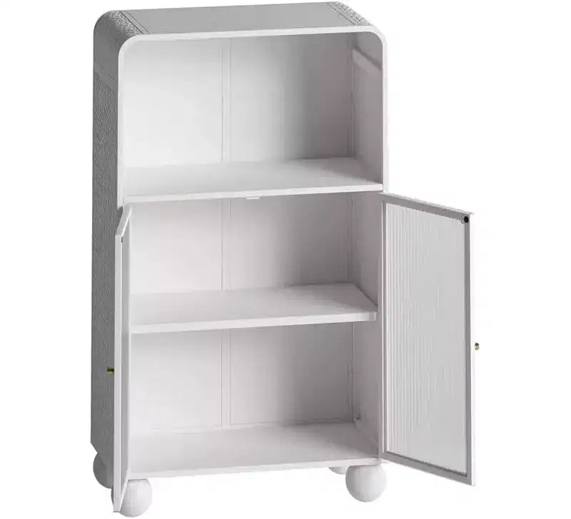 Meuble de salle de bain sur pied, Armoire de rangement de 115 cm de hauteur avec porte vitrée et étagères, Vitrine autoportante pour cuisine, salon, couloir.