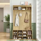 MAYEERTY Black Walnut 71 Hall Tree with Shoe Storage, 7 Hooks - Freestanding, Adjustable Bench, Mudroom