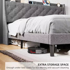 Cadre de lit King Size capitonné avec ports USB, tête de lit à oreilles, étagère de rangement et station de charge, design capitonné