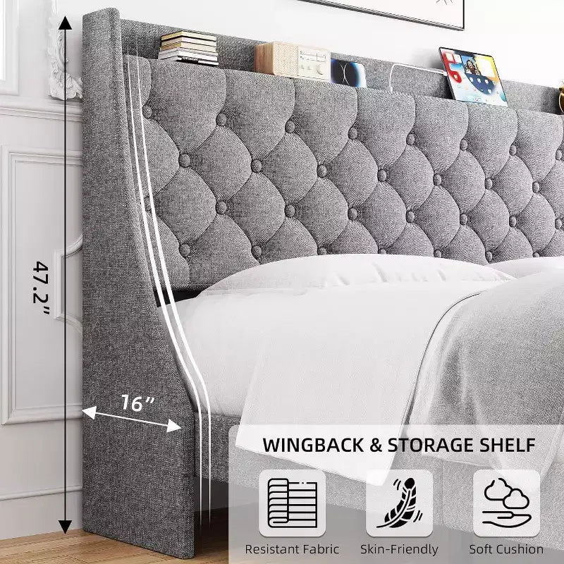 Cadre de lit King Size capitonné avec ports USB, tête de lit à oreilles, étagère de rangement et station de charge, design capitonné