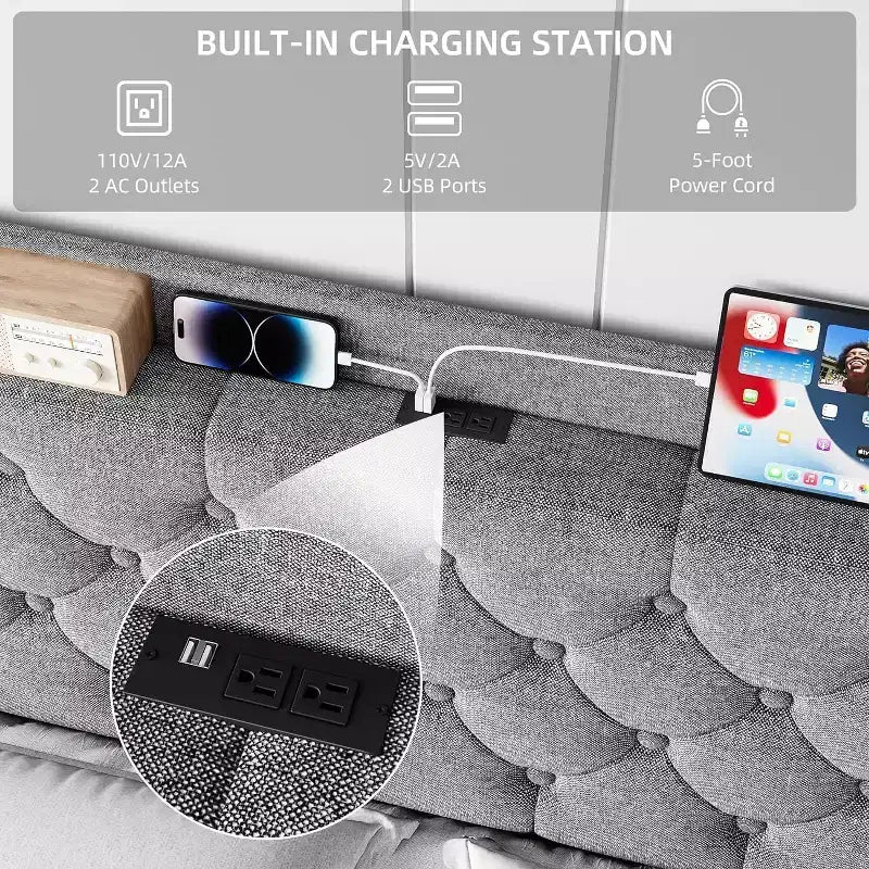 Cadre de lit King Size capitonné avec ports USB, tête de lit à oreilles, étagère de rangement et station de charge, design capitonné