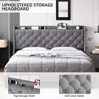 Cadre de lit King Size capitonné avec ports USB, tête de lit à oreilles, étagère de rangement et station de charge, design capitonné