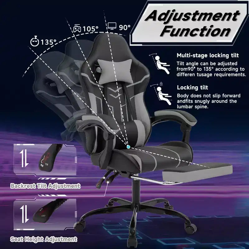 Chaise de jeu MAYEERTY, chaise d'ordinateur, chaise ergonomique avec repose-pieds et soutien lombaire pour salon, noir-gris