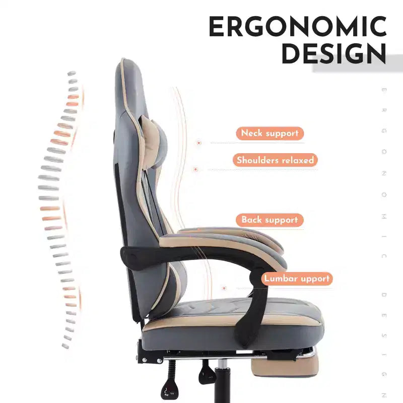 Chaise de jeu MAYEERTY, chaise d'ordinateur ergonomique avec repose-pieds et soutien lombaire massant, chaise de jeu vidéo pivotante réglable en hauteur Bleu Beige