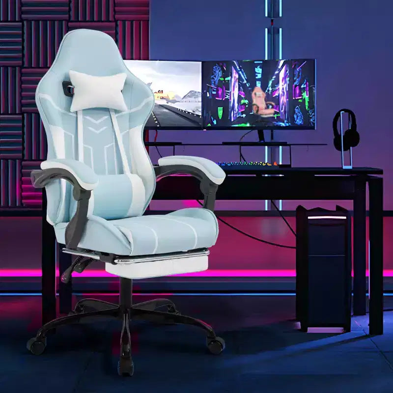 Chaise de jeu MAYEERTY, Chaise d'ordinateur, Chaise ergonomique avec repose-pieds et soutien lombaire pour salon Bleu