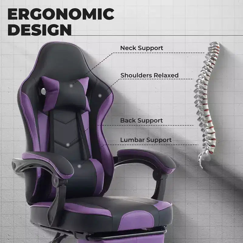 Chaise de jeu MAYEERTY, chaise d'ordinateur ergonomique avec repose-pieds et support lombaire massant, chaise de jeu vidéo pivotante réglable en hauteur Violet Noir