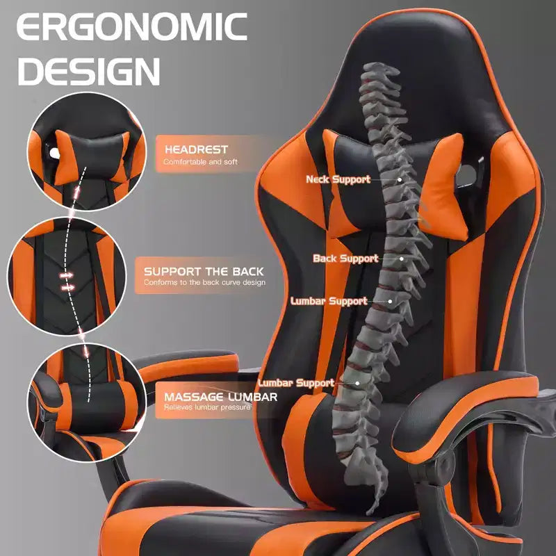 Chaise de jeu MAYEERTY avec repose-pieds, chaise d'ordinateur ergonomique avec appui-tête et support lombaire, chaises de jeu vidéo réglables en hauteur Noir Orange