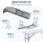 Banc pliant portable de 1,8 m, lot de 2, plateau en plastique HDPE pliable avec poignée de transport pour pique-nique en plein air, camping, fête, activités sportives