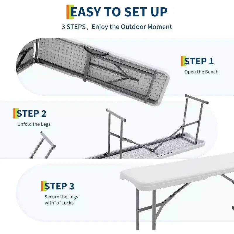 Banc pliant portable de 1,8 m, lot de 2, plateau en plastique HDPE pliable avec poignée de transport pour pique-nique en plein air, camping, fête, activités sportives
