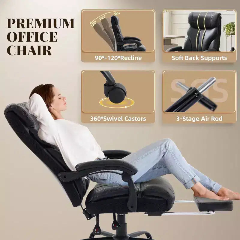 Chaise de bureau ergonomique, chaise de gaming en PU, hauteur réglable, inclinaison de 90 à 135 degrés, dossier, roulettes pivotantes à 360 degrés, capacité de 158 kg pour le bureau