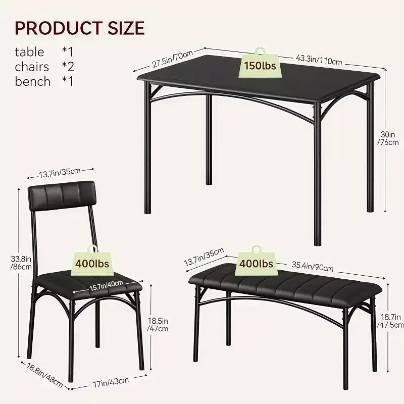 Ensemble de salle à manger 4 pièces avec table, 2 chaises et banc, table de cuisine style rétro peu encombrante pour petits espaces, cuisine, appartements