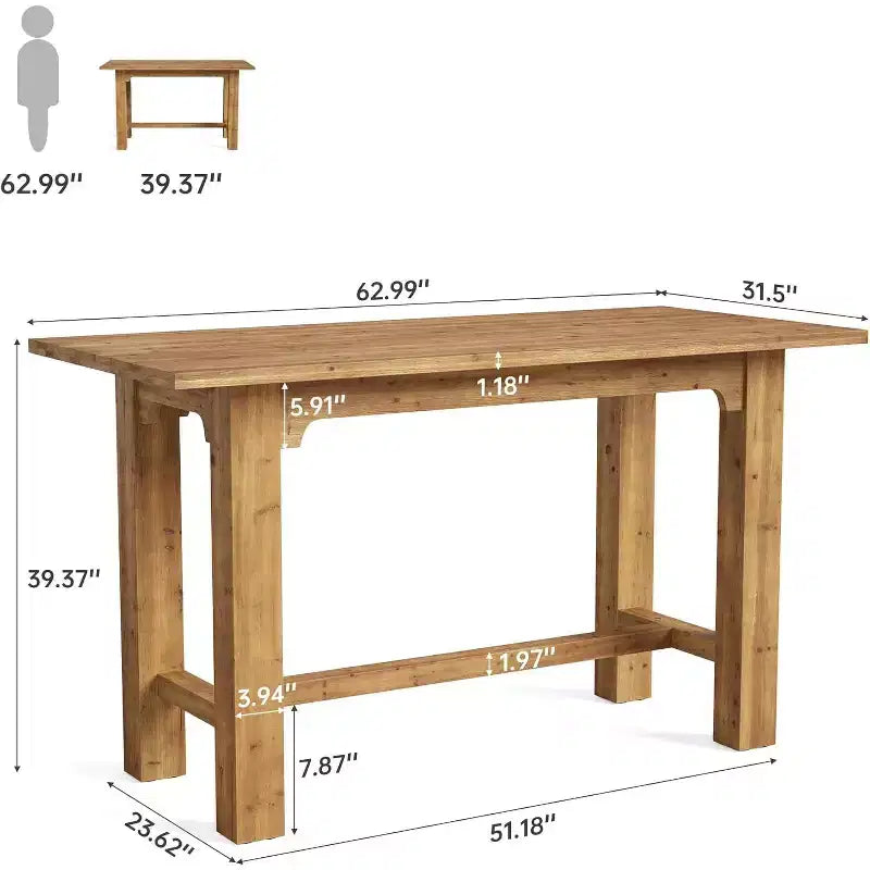 Table de bar en bois massif Lantine, table de pub haute de 160 cm, mobilier de bar haut pour cuisine