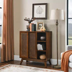 JVNOXK Medieval-inspired modern rattan sideboard with adjustable shelves and solid wood base, ideal for entryways or kitchens. Available in dark wood