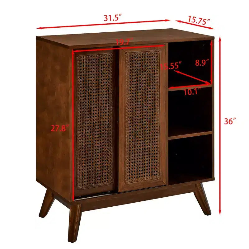 JVNOXK Buffet moderne en rotin d'inspiration médiévale avec étagères réglables et base en bois massif, idéal pour les entrées ou les cuisines. Disponible en bois foncé