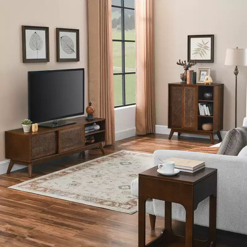 JVNOXK Buffet moderne en rotin d'inspiration médiévale avec étagères réglables et base en bois massif, idéal pour les entrées ou les cuisines. Disponible en bois foncé