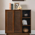JVNOXK Buffet moderne en rotin d'inspiration médiévale avec étagères réglables et base en bois massif, idéal pour les entrées ou les cuisines. Disponible en bois foncé