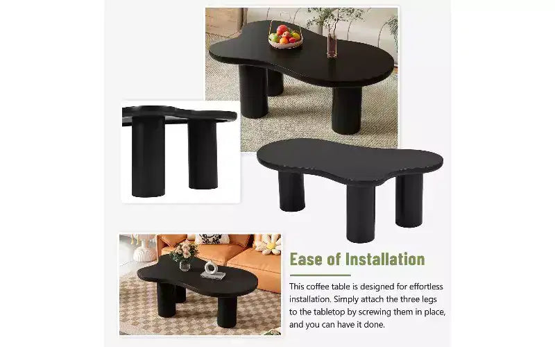 Table basse TUYOHW en MDF en forme de nuage avec bord arrondi, pieds cylindriques épais, table d'appoint irrégulière à 3 pieds robustes pour le salon