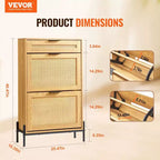 VIYET Meuble à chaussures fin en rotin, 2 abattants en rotin et 1 tiroir coulissant, pieds en métal, pour entrée/couloir/placard, couleur bois clair