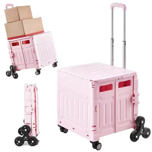 65L Foldable Utility Cart with Stair Climbing and 360 Degree Swivel Wheels, Collapsible Rolling Crate for Shopping, Office and Moving, Pink