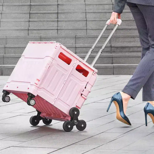 Chariot utilitaire pliable de 65 L avec roulettes pivotantes à 360 degrés et pour monter les escaliers, caisse roulante pliable pour les courses, le bureau et les déménagements, rose