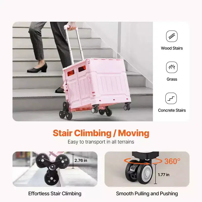 Chariot utilitaire pliable de 65 L avec roulettes pivotantes à 360 degrés et pour monter les escaliers, caisse roulante pliable pour les courses, le bureau et les déménagements, rose