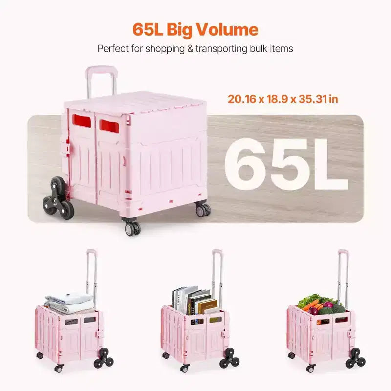 Chariot utilitaire pliable de 65 L avec roulettes pivotantes à 360 degrés et pour monter les escaliers, caisse roulante pliable pour les courses, le bureau et les déménagements, rose