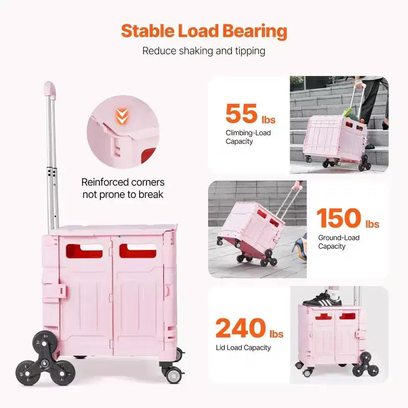 Chariot utilitaire pliable de 65 L avec roulettes pivotantes à 360 degrés et pour monter les escaliers, caisse roulante pliable pour les courses, le bureau et les déménagements, rose