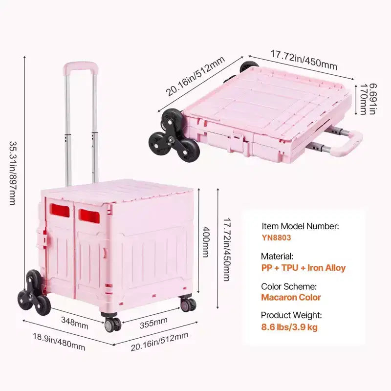 Chariot utilitaire pliable de 65 L avec roulettes pivotantes à 360 degrés et pour monter les escaliers, caisse roulante pliable pour les courses, le bureau et les déménagements, rose