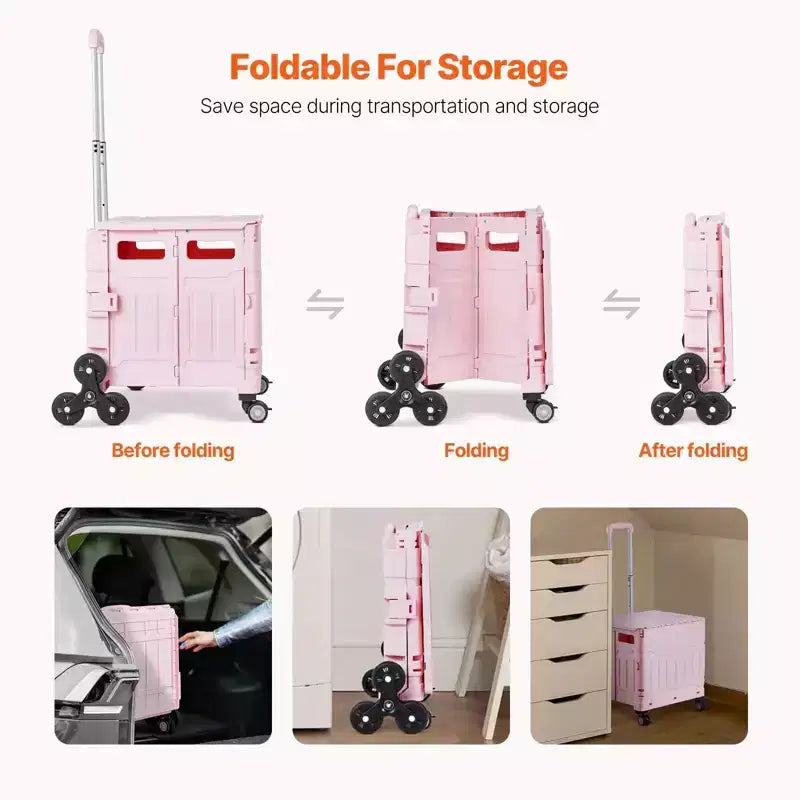 Chariot utilitaire pliable de 65 L avec roulettes pivotantes à 360 degrés et pour monter les escaliers, caisse roulante pliable pour les courses, le bureau et les déménagements, rose