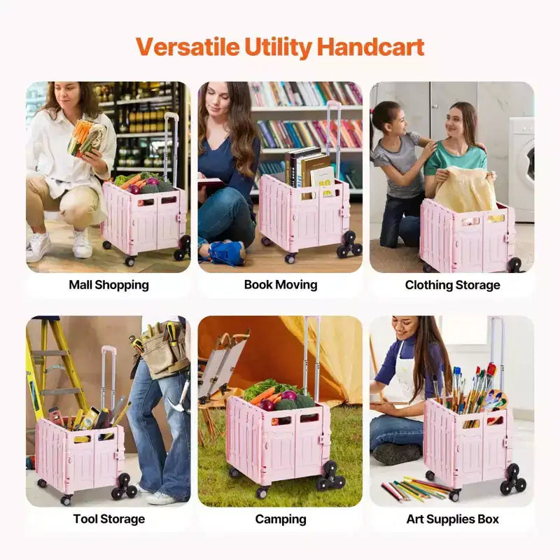 Chariot utilitaire pliable de 65 L avec roulettes pivotantes à 360 degrés et pour monter les escaliers, caisse roulante pliable pour les courses, le bureau et les déménagements, rose