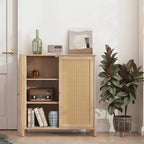 Buffet Moderne avec Portes et Étagères Réglables, Meuble de Cuisine Mid-Century, Meubles de Rangement à Portes en Rotin - Panipeachy