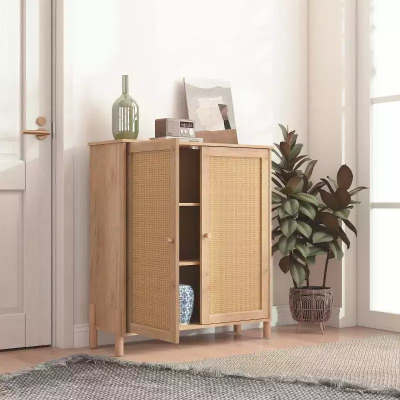 Buffet Moderne avec Portes et Étagères Réglables, Meuble de Cuisine Mid-Century, Meubles de Rangement à Portes en Rotin - Panipeachy