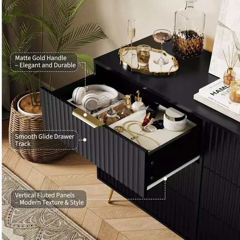 COZONY Commode cannelée à 6 tiroirs, commode moderne de 120 cm de large avec poignées en métal pour chambre et salon