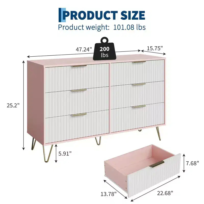COZONY Commode cannelée à 6 tiroirs, commode moderne de 120 cm de large avec poignées en métal pour chambre et salon