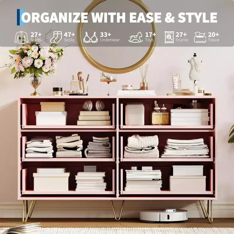 COZONY Commode cannelée à 6 tiroirs, commode moderne de 120 cm de large avec poignées en métal pour chambre et salon