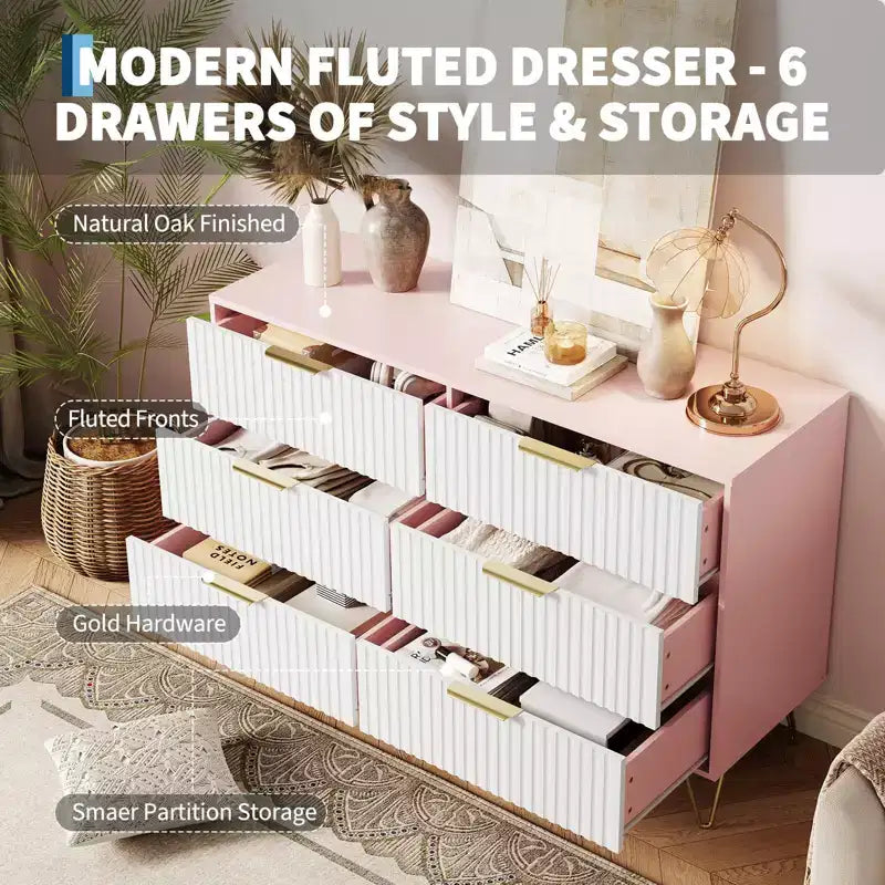 COZONY Commode cannelée à 6 tiroirs, commode moderne de 120 cm de large avec poignées en métal pour chambre et salon