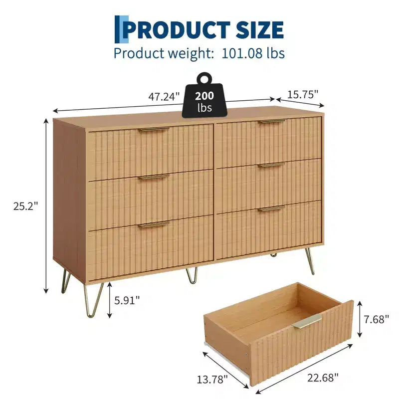 COZONY Commode cannelée à 6 tiroirs, commode moderne de 120 cm de large avec poignées en métal pour chambre et salon