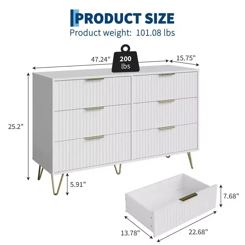 COZONY Commode cannelée à 6 tiroirs, commode moderne de 120 cm de large avec poignées en métal pour chambre et salon