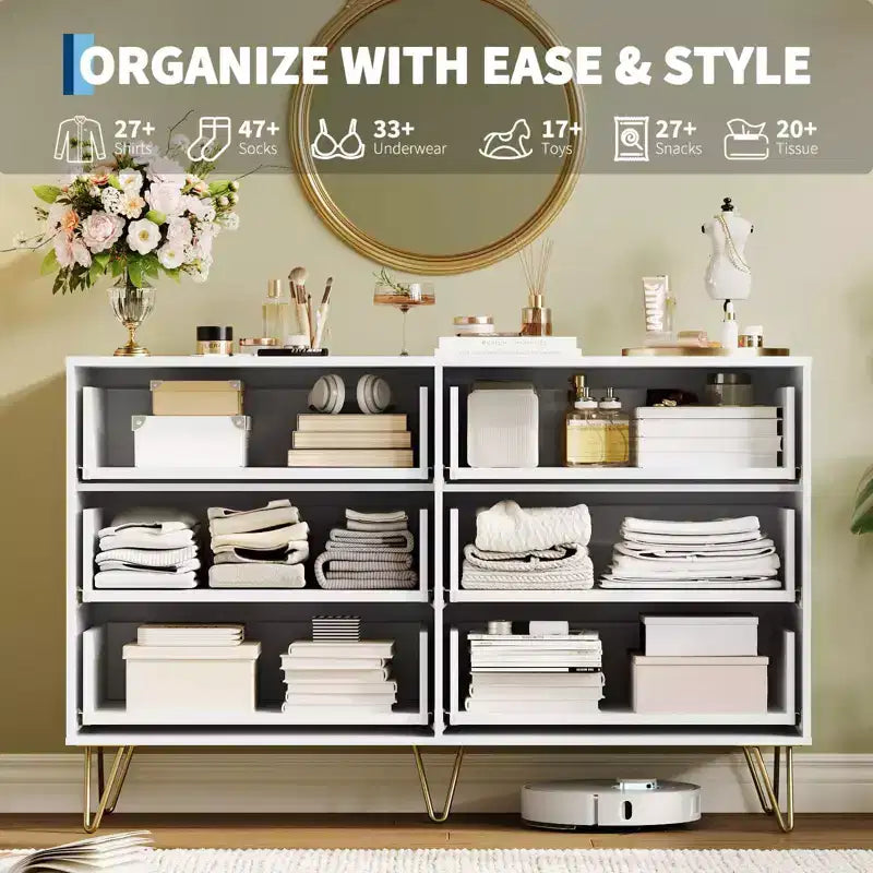 COZONY Commode cannelée à 6 tiroirs, commode moderne de 120 cm de large avec poignées en métal pour chambre et salon
